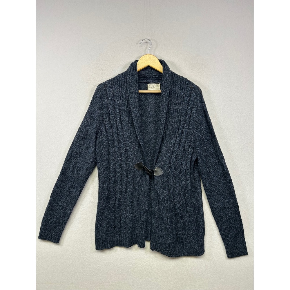 Debbie Morgan Coastal Grandma Women L Charcoal Navy Cable Knit Toggle Cardigan